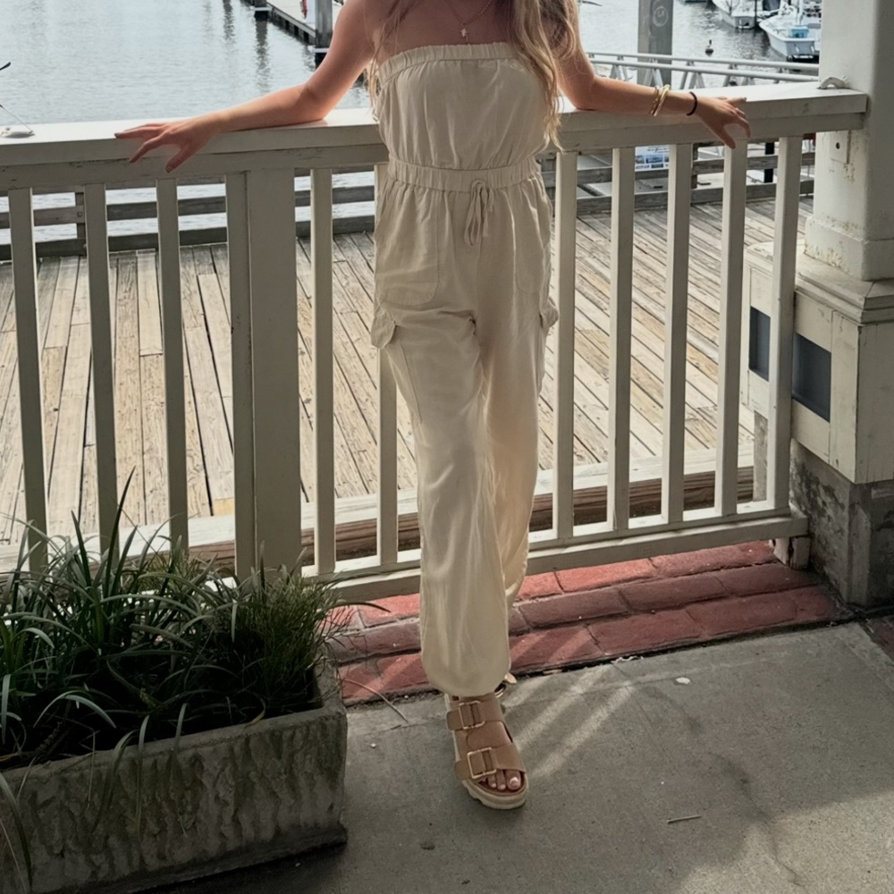 Japna Strapless Cream Utility Jumpsuit with Drawstring Waist